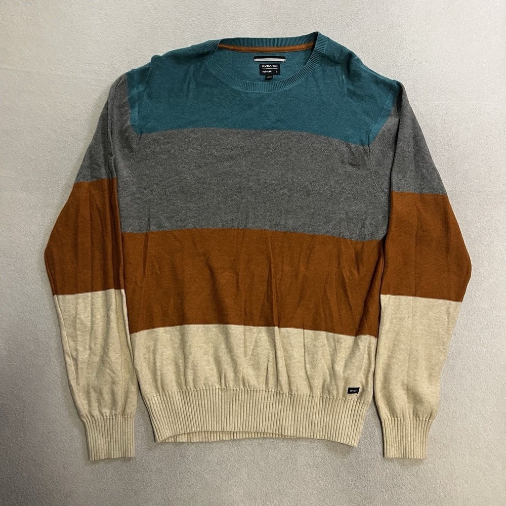 RVCA Sweater Men's Large Striped Knit Cotton Pullover Long Sleeve Color Block